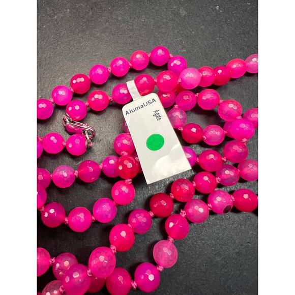 NEW fuchsia pink agate 36 inch knotted bead necklace with sterling silver clasp - Picture 12 of 13